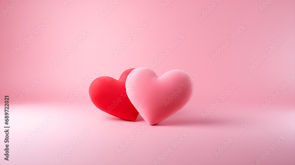 two plush hearts on a pink background. Valentine's day background