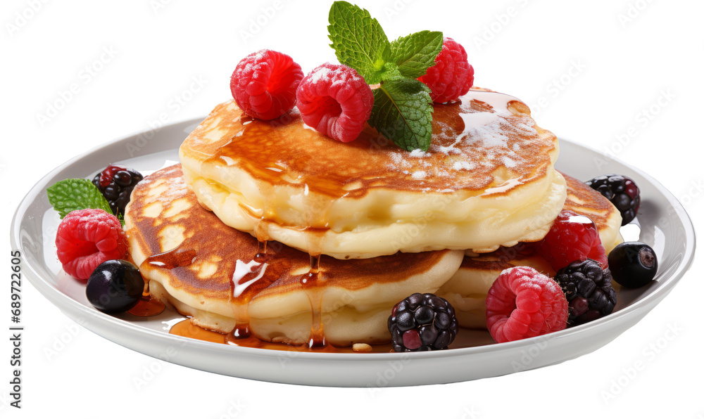 Thick pancakes with blueberries, raspberries on a plate and on a lattice with syrup Thick pancakes with blueberries, raspberries on a plate and on a lattice with syrup