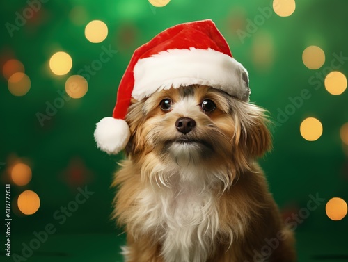 cute dog sit in red santa hat