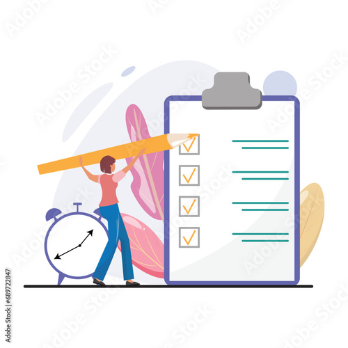 Checklist concept illustration with a woman holding a big pencil