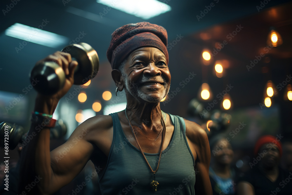 Senior african american man exercising with dumbbells at night club. ia generated