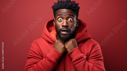 Man with amazed face and eyes. Young man with surprised face and red hoodie and red plain background with copy space. Concept of astonishment.