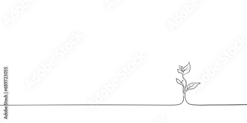 Single continuous line art drawing growing sprout. Plant leaves seed grow soil seedling eco natural farm concept design. Outline drawing. Vector illustration