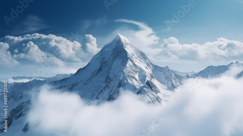 Magnificent snow-capped peak above the clouds with a blue sky © chali