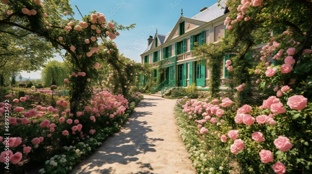 a path on green and pink flowers leading to french garden