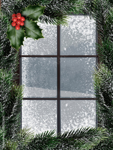 Verschneites altes Holzfenster mit zugefrorener Fensterscheibe