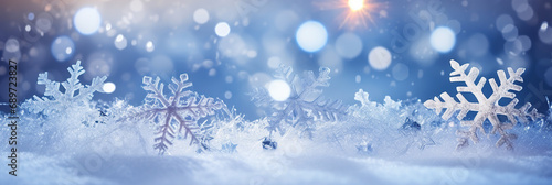Snowflakes On Snow With Bokeh Of Christmas Lights - Real Snowdrift And Acrylic Crystals. © Santy Hong