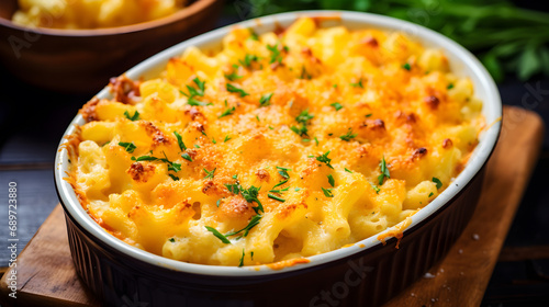Mac and cheese, american style macaroni pasta in cheesy sauce