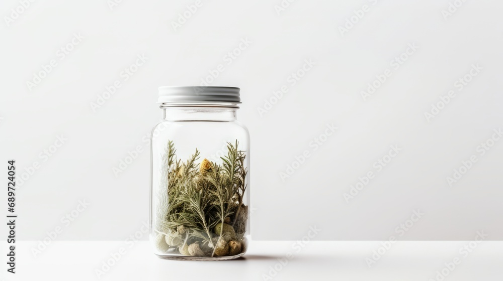 a jar with various plants inside it, creating a miniature terrarium on a white background. - obrazy, fototapety, plakaty 