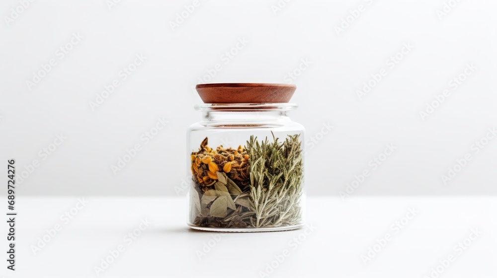 a glass jar filled with layers of dried herbs and flowers on a white background. a glass jar filled with layers of dried herbs and flowers on a white background.