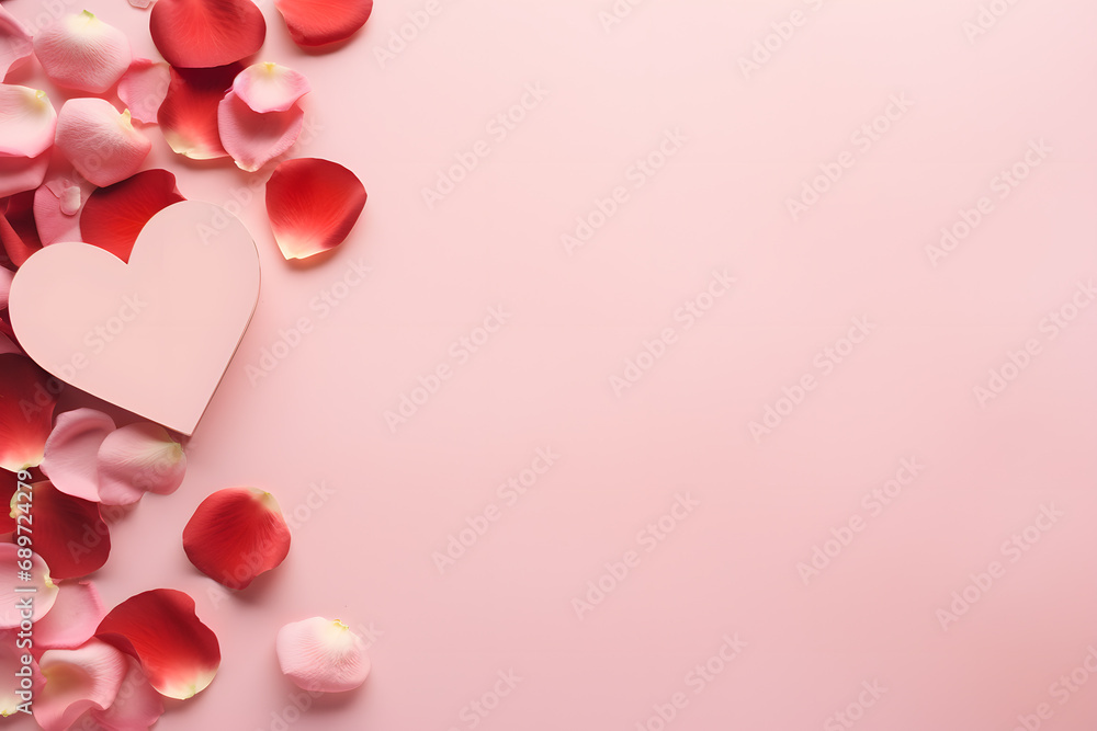 Top view of red and pink rose flower petals with heart shaped gift box on side of pastel pink background with copy space