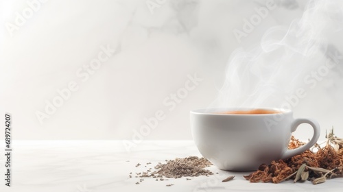  a hot cup of tea with steam on a marble table surrounded by tea leaves and spices.