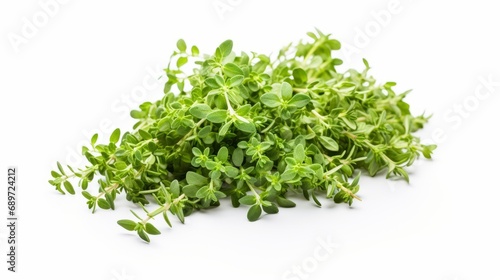 a bunch of fresh thyme leaves isolated on a white background, showcasing their vibrant green color.