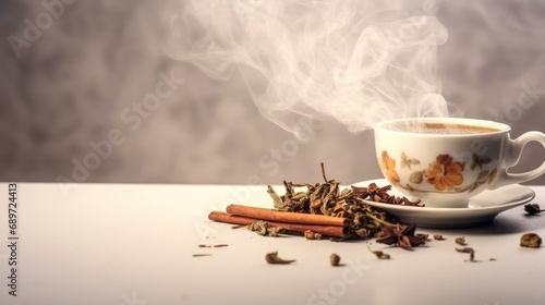 a hot cup of spiced tea on a white table with a gray background. photo