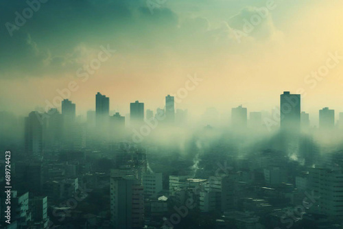 A city skyline with smog, fog and smoke.Air pollution of the city, environmental problem. Generative Ai
