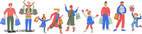 Christmas or New Year family celebration and holiday shopping, set of characters. Happy people enjoy sales and discounts during the winter sales season.