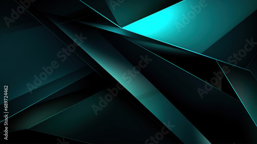 Black dark blue green teal cyan petrol jade abstract background. Geometric shape. 3d effect. Line triangle angle polygon wave. Color gradient. Light glow neon flash metal metallic. Design. Futuristic.