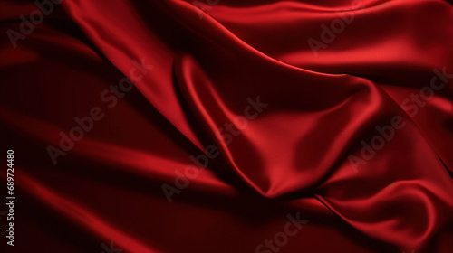 Black red silk satin. Beautiful soft folds. Shiny fabric. Dark luxury background with space for design. 