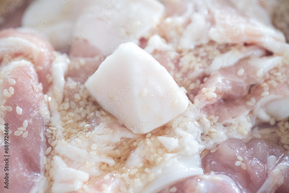 Streaky pork and bacon marinade sprinkle with white sesame for buffet hot pan, Moo Ka Ta Streaky pork and bacon marinade sprinkle with white sesame for buffet hot pan, Moo Ka Ta