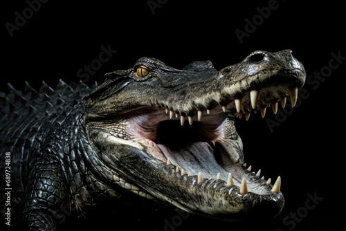 Isolated Crocodile Head with Open Mouth and Killer Teeth - A Predator Skin Patterned Image of Fear, Isolated on Black Background