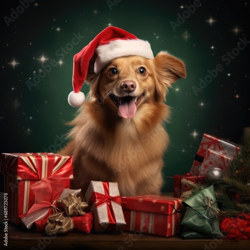 Cute dog puppy with christmas gift boxes concept photo poster merry present red new year © Wiktoria