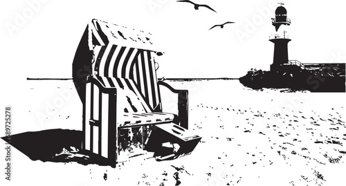 Illustration Strandkorb am Strand Warnemünde mit Leuchtturm und Mole