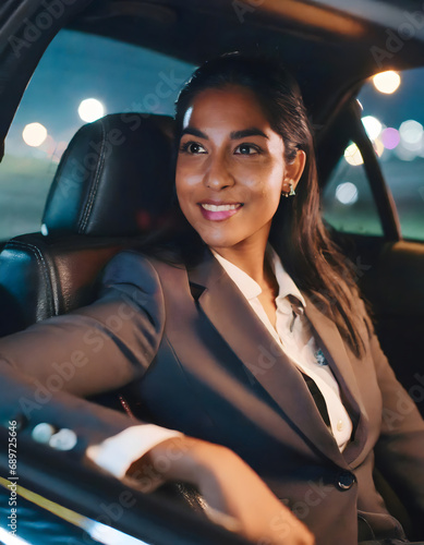 Businesswoman touring the city in a luxury car, comfortable and successful life concept