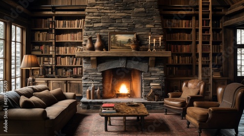 A rustic study in a mountain cabin, its walls lined with shelves holding a collection of weathered volumes. The crackling fireplace adds warmth to the scholarly retreat photo
