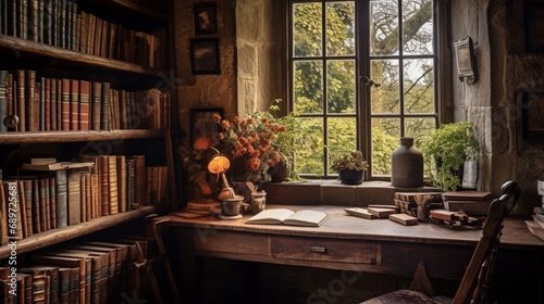 A rustic study nestled in the heart of a countryside cottage, the walls lined with shelves holding a curated collection of well-worn books. A handwritten journal rests open on an aged oak desk photo