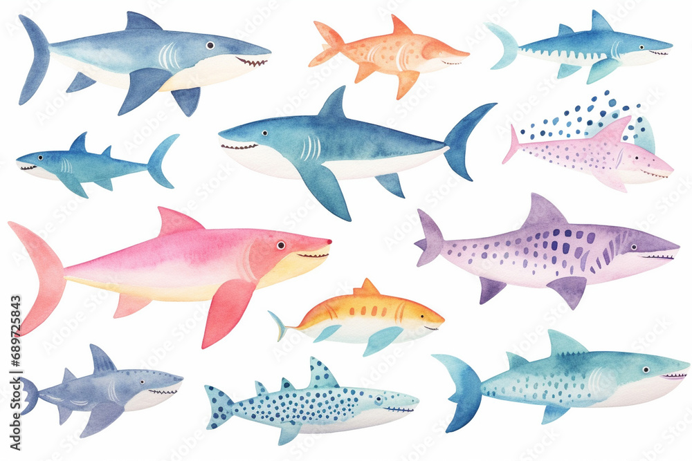 Set of watercolor paintings Shark fish on white background.  - obrazy, fototapety, plakaty 