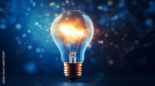 Glowing light bulb on dark blue bokeh background. 3D rendering