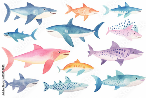 Set of watercolor paintings Shark fish on white background. 