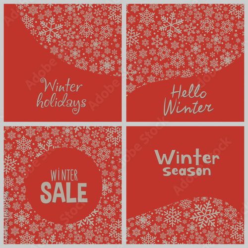 Set of winter postcards. Hello winter. Snowflakes Discount coupon, winter sale