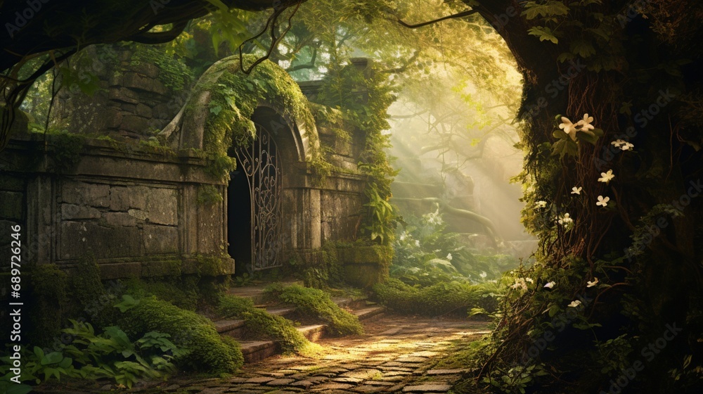 A secret garden hidden behind ancient walls, the foliage creating a magical bokeh as sunlight filters through, illuminating hidden paths - obrazy, fototapety, plakaty 