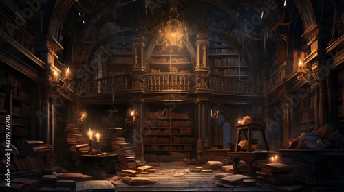 A secret chamber hidden beneath a library, lined with shelves holding scrolls and manuscripts protected by ancient enchantments. Soft torchlight s the hidden knowledge within