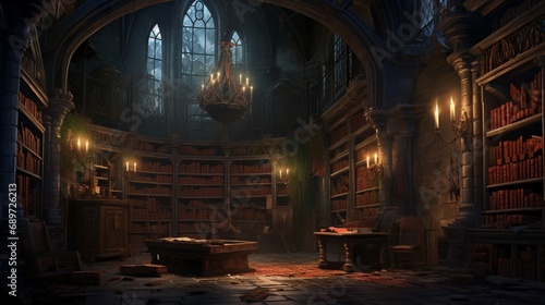A secret chamber hidden beneath a library, lined with shelves holding scrolls and manuscripts protected by ancient enchantments. Soft torchlight s the hidden knowledge within photo