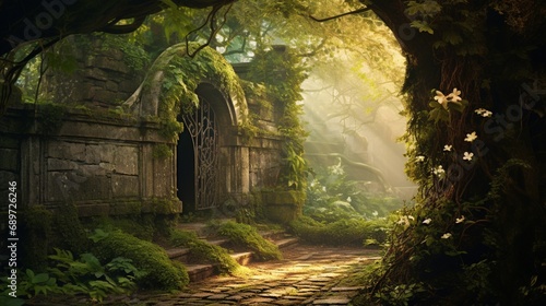 A secret garden hidden behind ancient walls, the foliage creating a magical bokeh as sunlight filters through, illuminating hidden paths photo