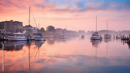 A serene coastal town at sunrise, the pastel hues of the sky reflected in the calm waters while boats create a beautiful bokeh in the harbor