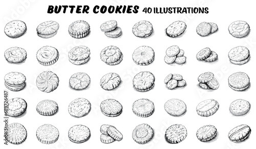 Collection of drawn butter cookies. Sketch illustration 