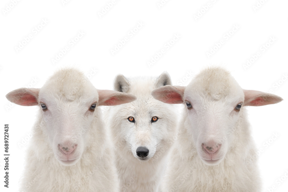 Obraz premium Polar white wolf and sheep isolated on white background.