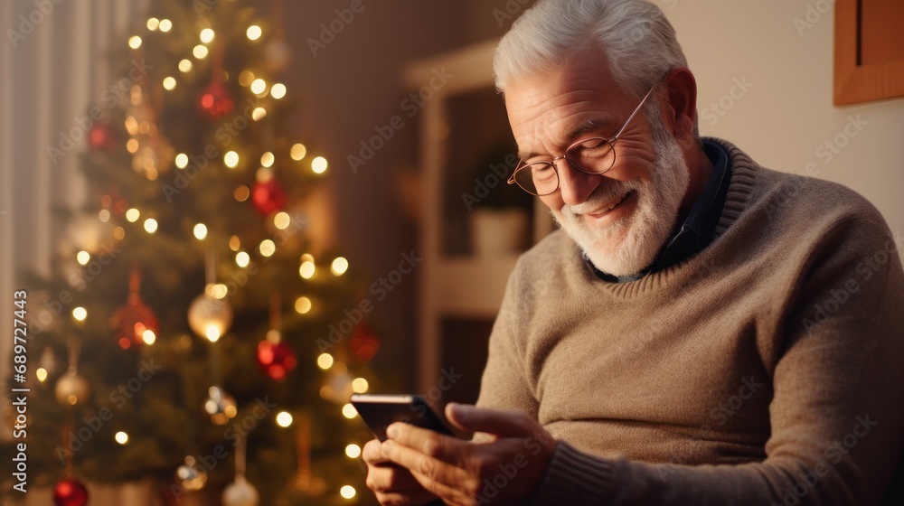 Happy senior male holding smartphone using mobile phone app. Technology, communication, happy adult man with smartphone at home, recreation, communication, sociality, hobbies, adaptation, AI gen. Happy senior male holding smartphone using mobile phone app. Technology, communication, happy adult man with smartphone at home, recreation, communication, sociality, hobbies, adaptation, AI gen.