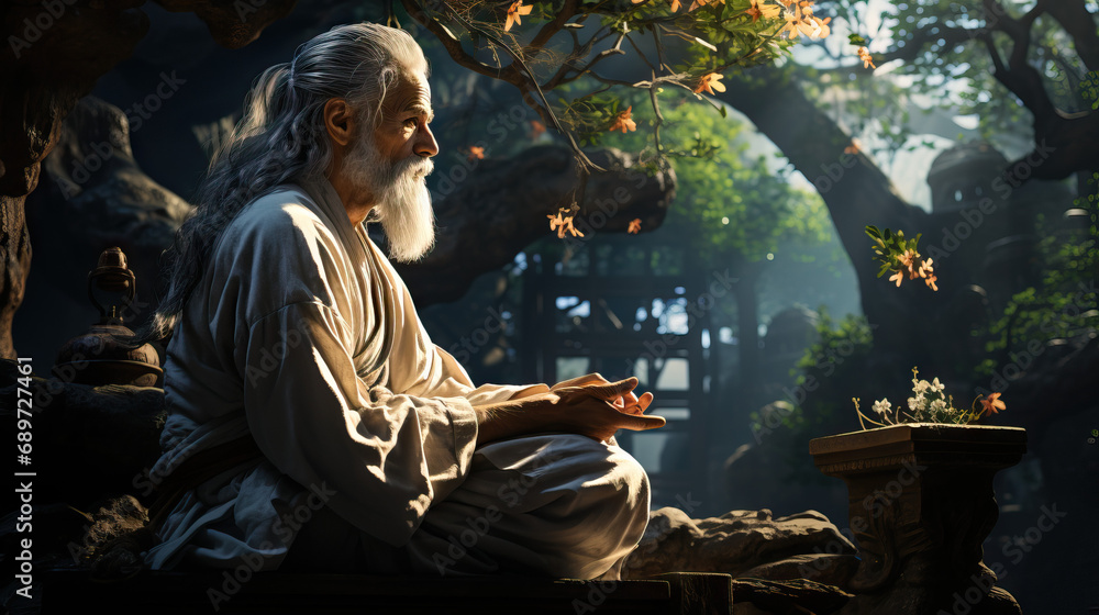 Serene Moment of Reflection: Daoist Practitioner Contemplating in a Chinese Temple Garden. Embracing Harmony, Tranquility, and Spiritual Reflection.