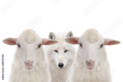 Polar white wolf and sheep isolated on white background.