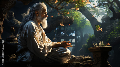 Serene Moment of Reflection: Daoist Practitioner Contemplating in a Chinese Temple Garden. Embracing Harmony, Tranquility, and Spiritual Reflection.