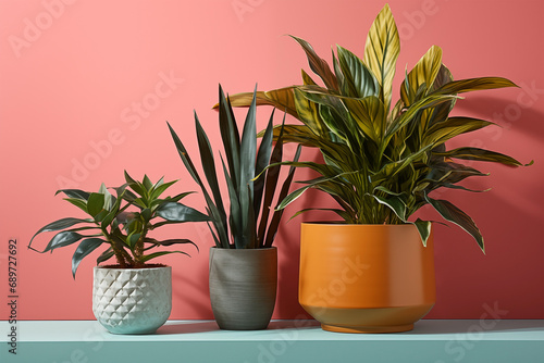 Assorted Indoor Potted Plants on a Modern Pastel Pink Background