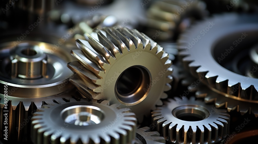 close up view of Metal gear in factory. Many different stainless steel gears on a gray background, close up view of Metal gear in factory. Many different stainless steel gears on a gray background,