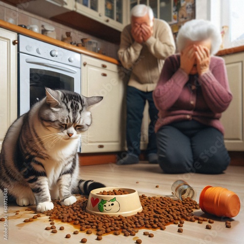A mischievous and disgruntled cat knocked the food out of its bowl. The heartbroken grandfather and grandmother make a facepalm gesture cant stop laugh. Meme illustration. Digital art.