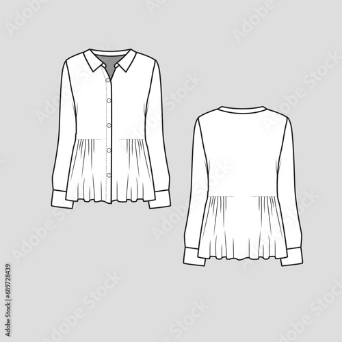 Fashion collar  top collar stand button panel full open long sleeve with cuff waist elastic gatherings flare hem  t shirt top blouse clothing flat sketch technical drawing template design vector