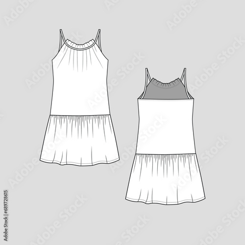 Camisole pleated peplum  fashion dress top neck pleat detail  tank cami dress  clothing fashion flat sketch technical drawing template design vector