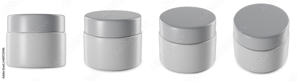 set of plastic cosmetic jar of containers, blank skin care product with cap, mock-up template design in different angles, 3D rendering illustration isolated on white background set of plastic cosmetic jar of containers, blank skin care product with cap, mock-up template design in different angles, 3D rendering illustration isolated on white background